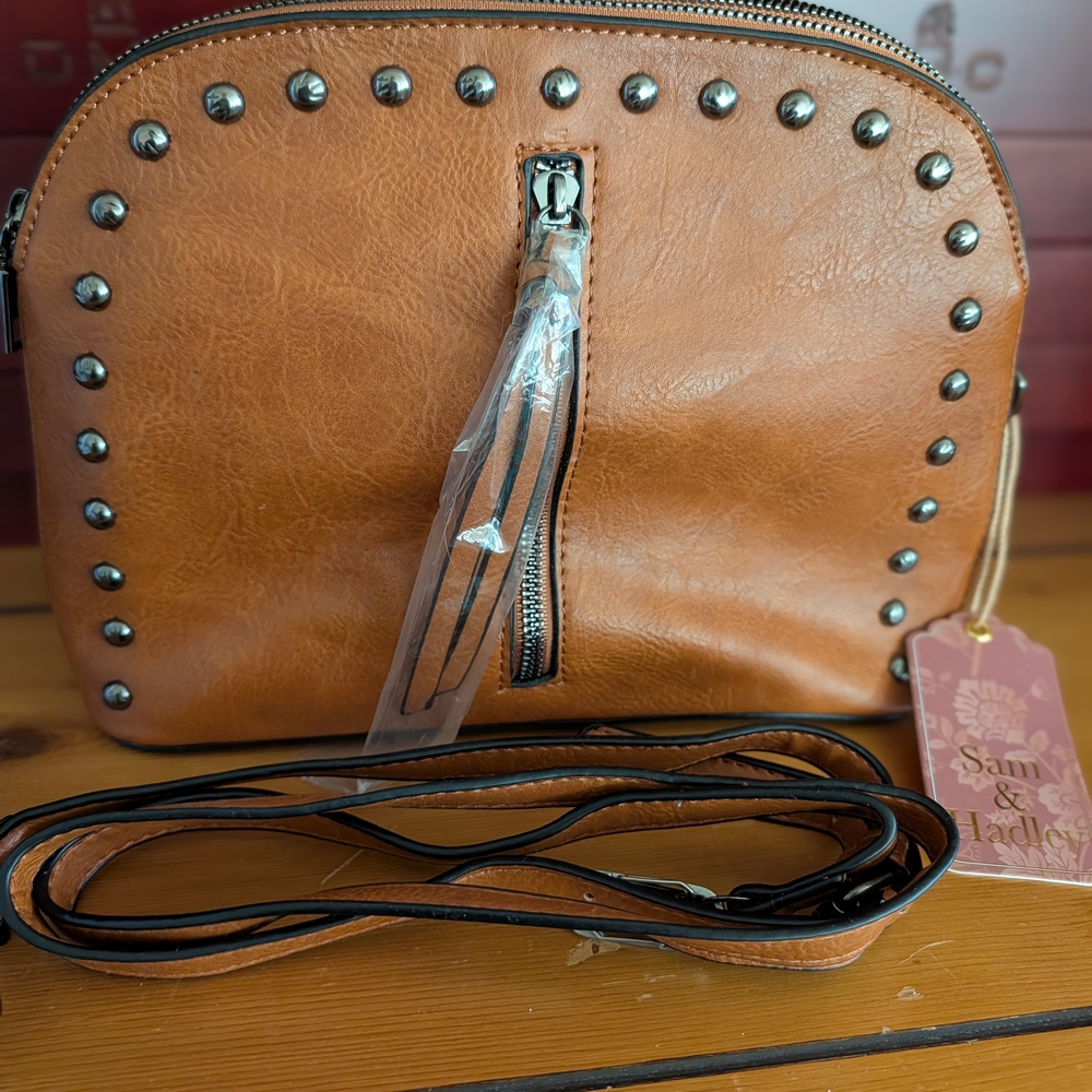NWT SAM & HADLEY Studded Dome Cognac Crossbody Bag Purse